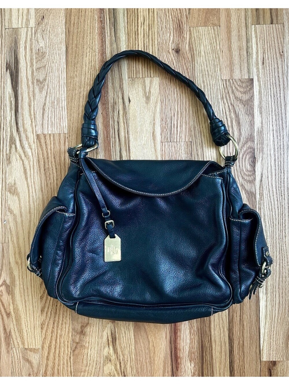 Vintage Y2K Lauren Ralph Lauren Black Pebbled Leather Purse Braided Strap